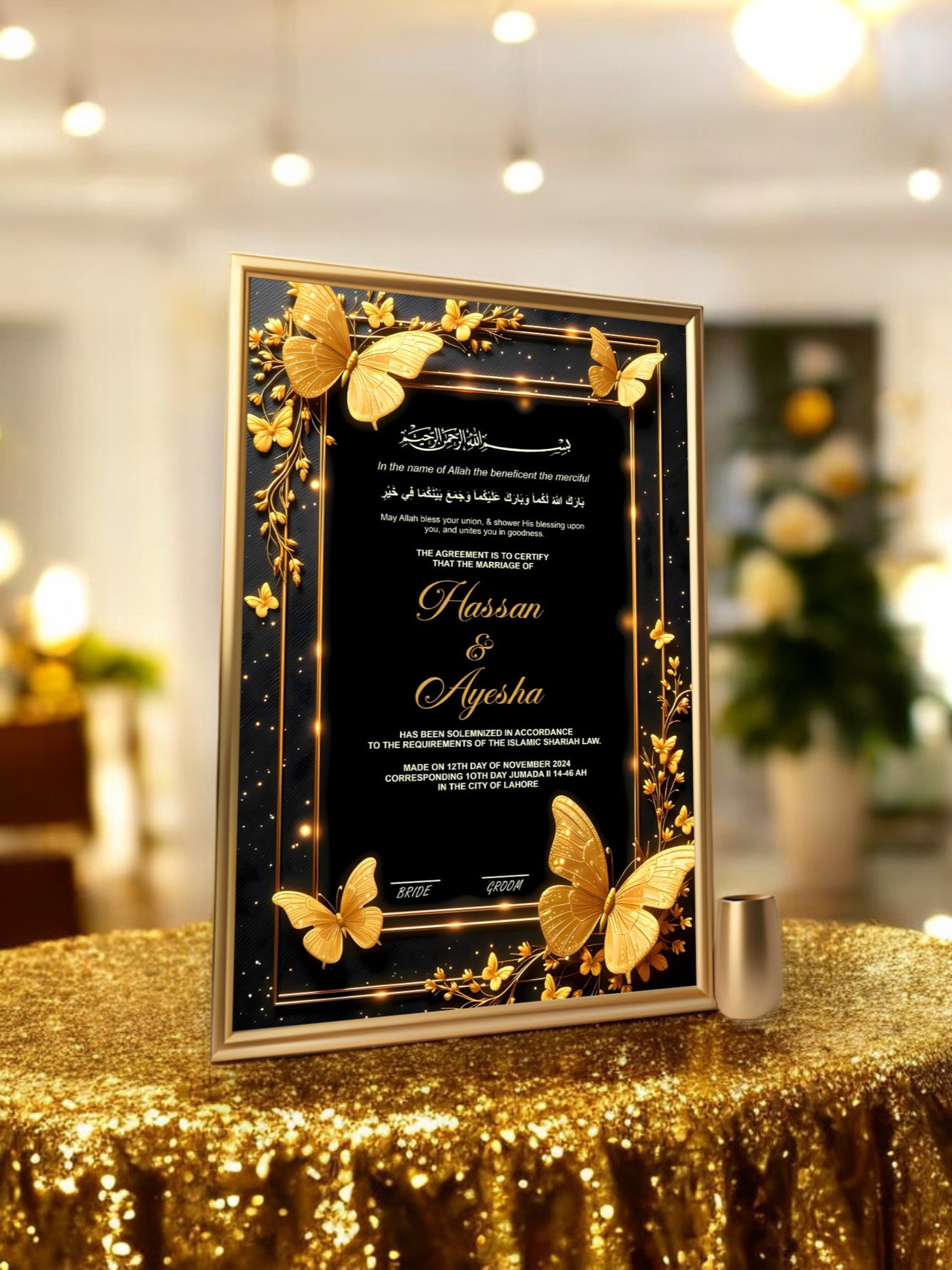 3D Gold Butterfly Nikah Frame