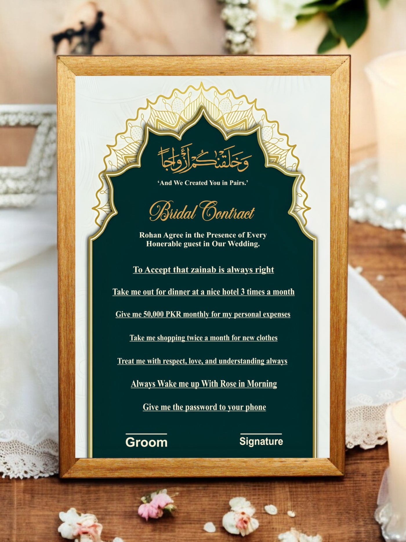 7 Wishes Bridal Contract Golden Frame Nikkahday