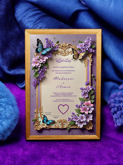 Purple Butterfly 3D Nikah Frame Golden