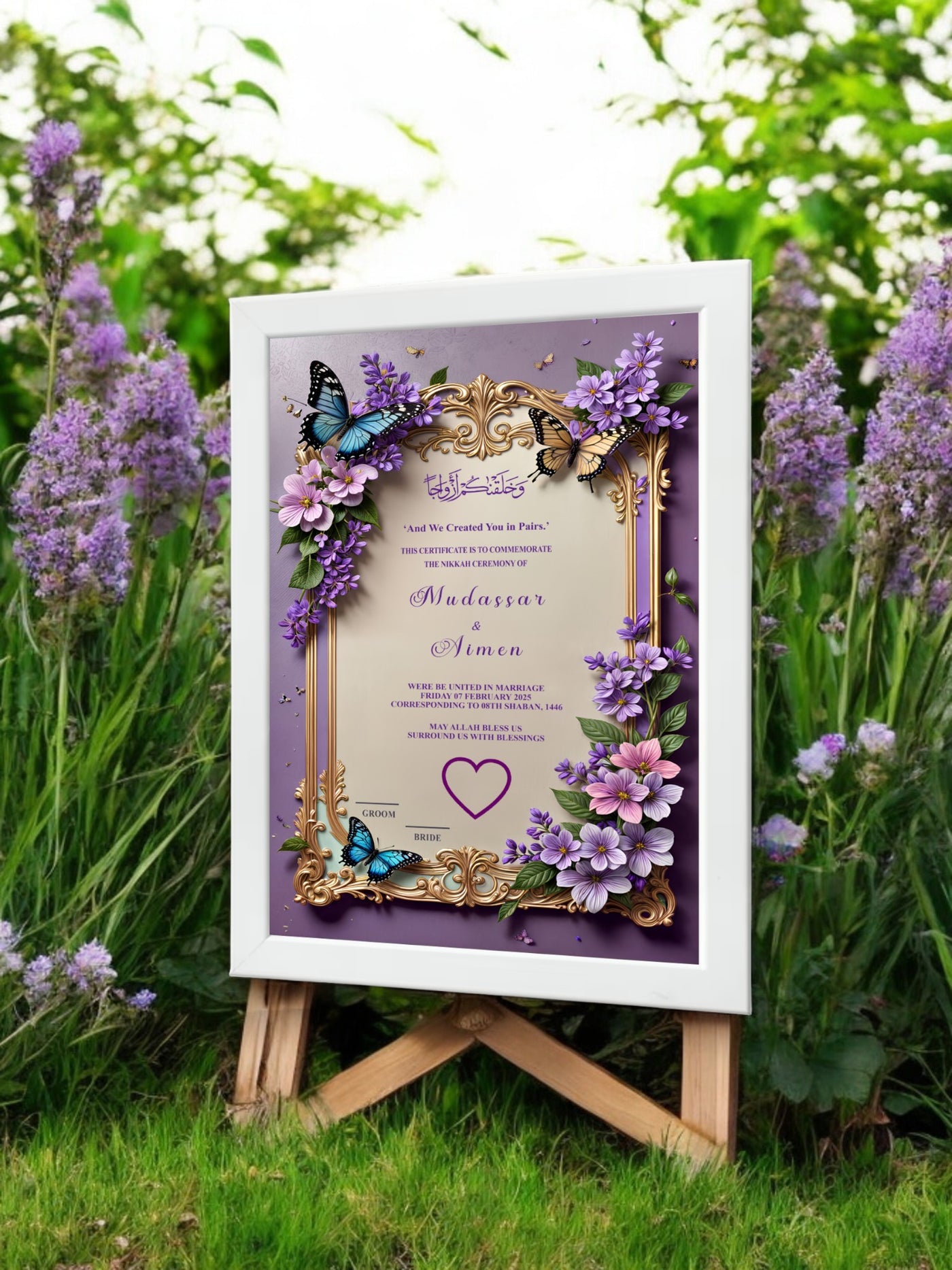 Purple Butterfly 3D Nikah Frame White