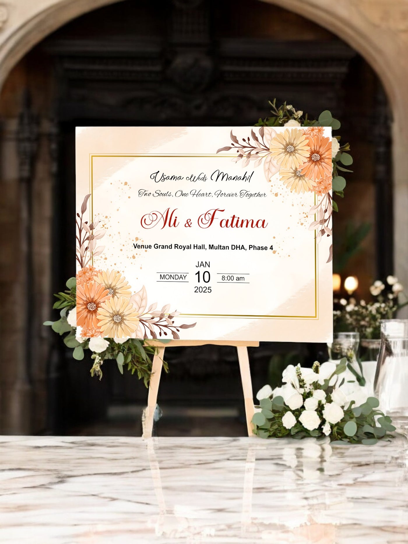 Orange Floral Wedding Welcome Board