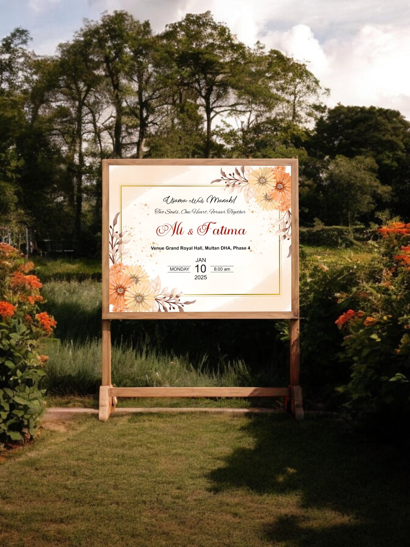 Orange Floral Wedding Welcome Board