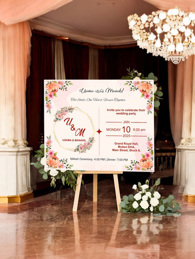 Pink Floral Wedding Welcome Board